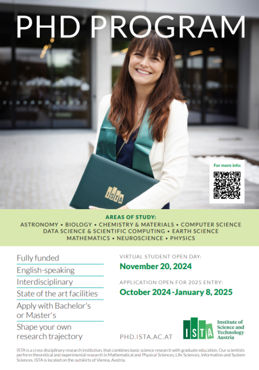 An image of the PhD program flyer with a smiling ISTA graduate holding a diploma. 